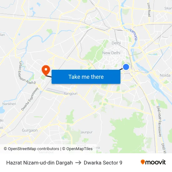 Hazrat Nizam-ud-din Dargah to Dwarka Sector 9 map