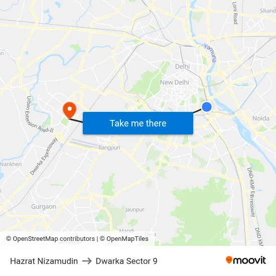Hazrat Nizamudin to Dwarka Sector 9 map