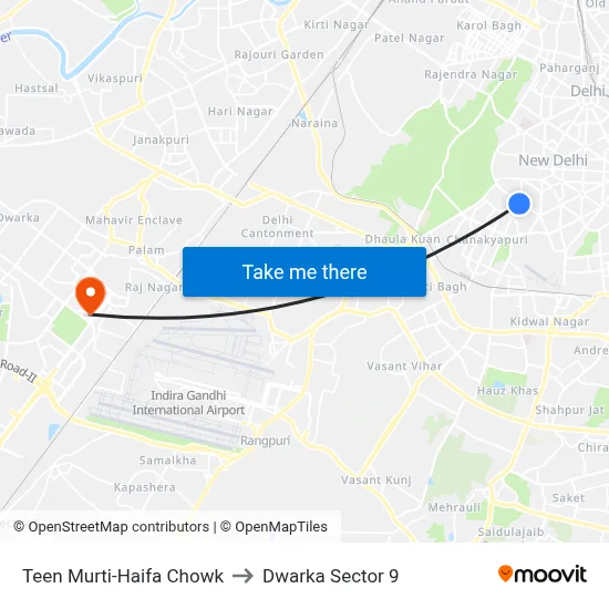Teen Murti-Haifa Chowk to Dwarka Sector 9 map
