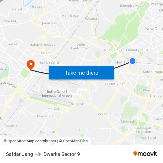 Safdar Jang to Dwarka Sector 9 map