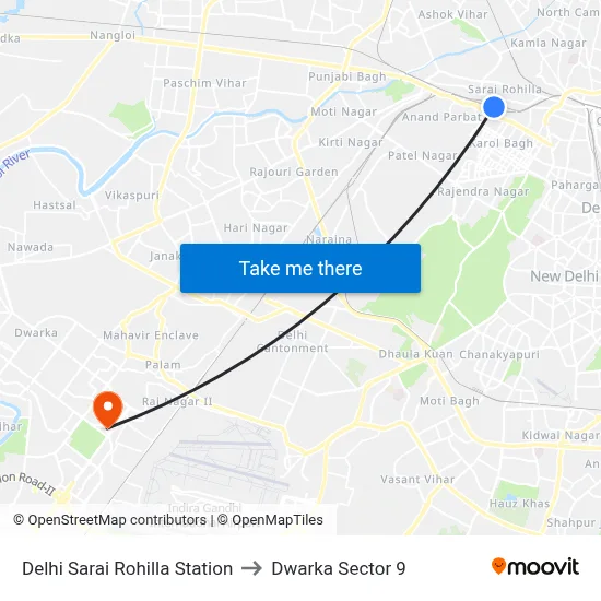 Delhi Sarai Rohilla Station to Dwarka Sector 9 map