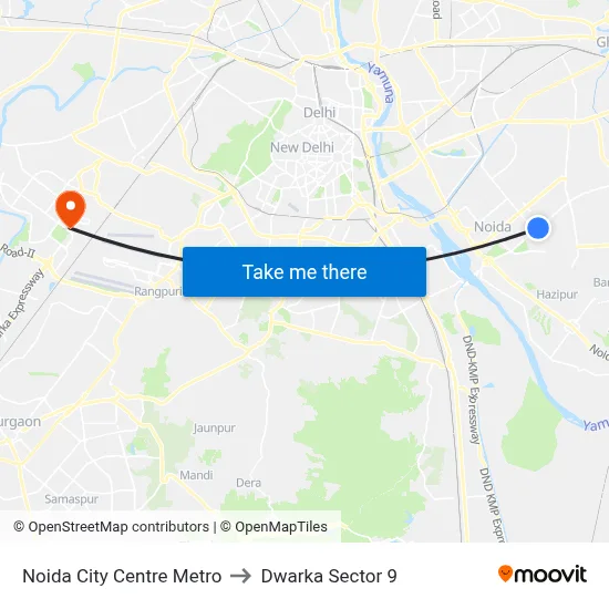 Noida City Centre Metro to Dwarka Sector 9 map