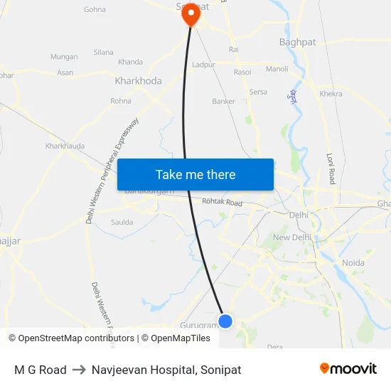 M G Road to Navjeevan Hospital, Sonipat map