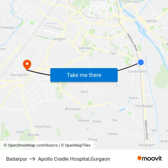 Badarpur to Apollo Cradle Hospital,Gurgaon map