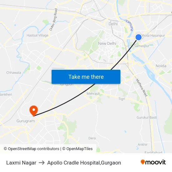 Laxmi Nagar to Apollo Cradle Hospital,Gurgaon map