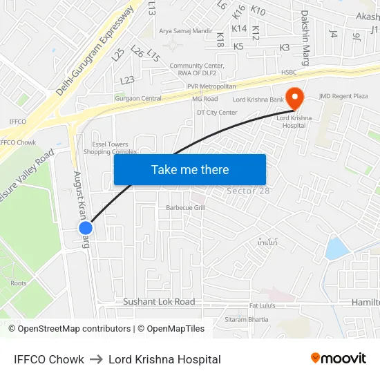 IFFCO Chowk to Lord Krishna Hospital map