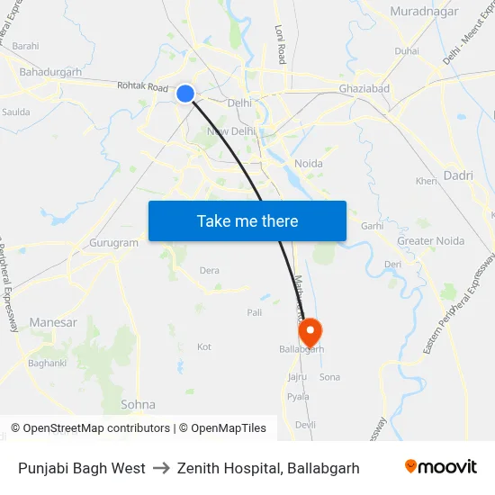 Punjabi Bagh West to Zenith Hospital, Ballabgarh map
