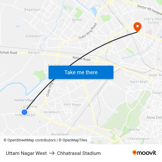 Uttam Nagar West to Chhatrasal Stadium map
