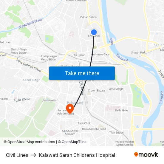 Civil Lines to Kalawati Saran Children's Hospital map