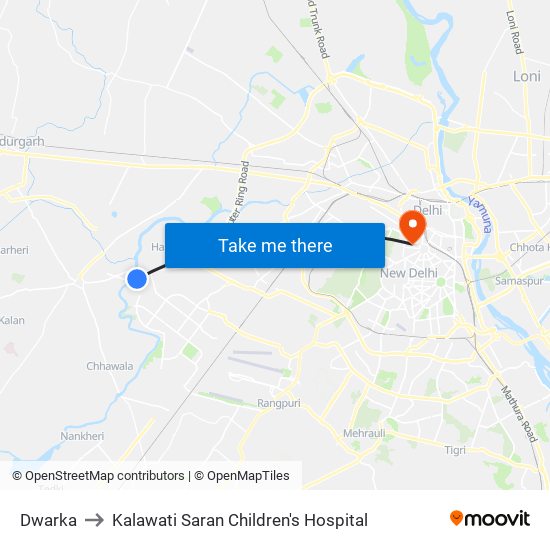 Dwarka to Kalawati Saran Children's Hospital map