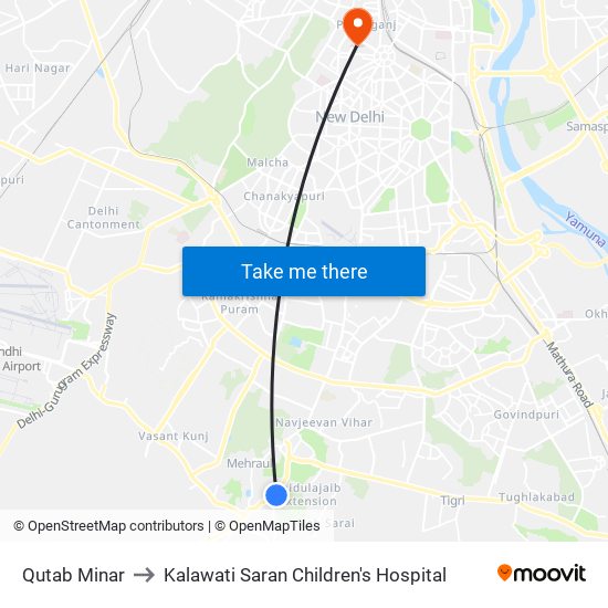 Qutab Minar to Kalawati Saran Children's Hospital map