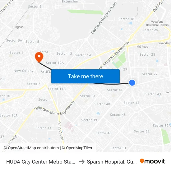 HUDA City Center Metro Station (B) to Sparsh Hospital, Gurgaon map
