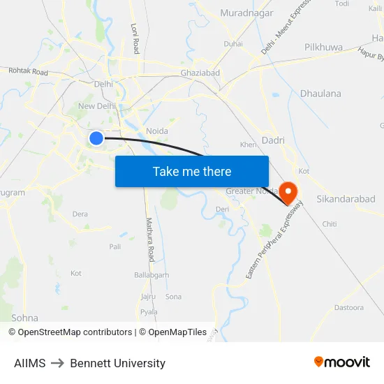 AIIMS to Bennett University map