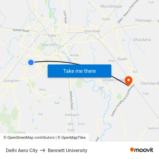 Delhi Aero City to Bennett University map