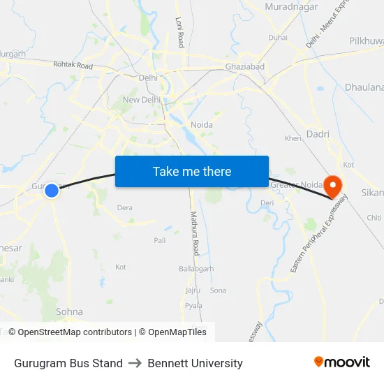 Gurugram Bus Stand to Bennett University map