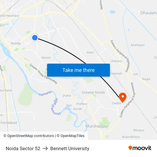 Noida Sector 52 to Bennett University map