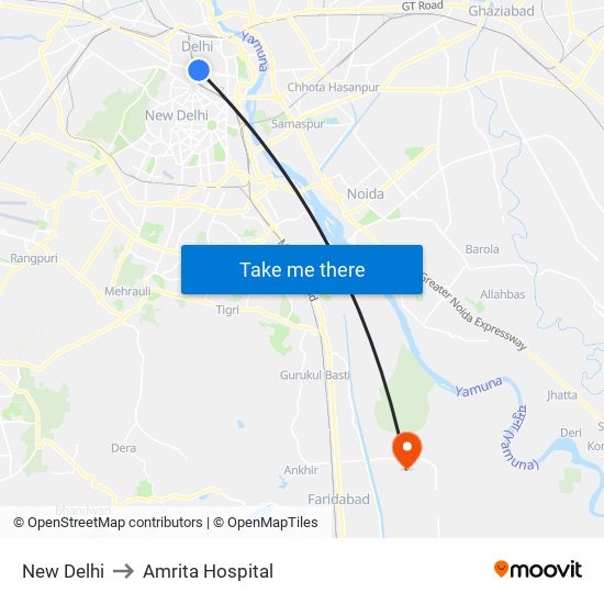 New Delhi to Amrita Hospital map