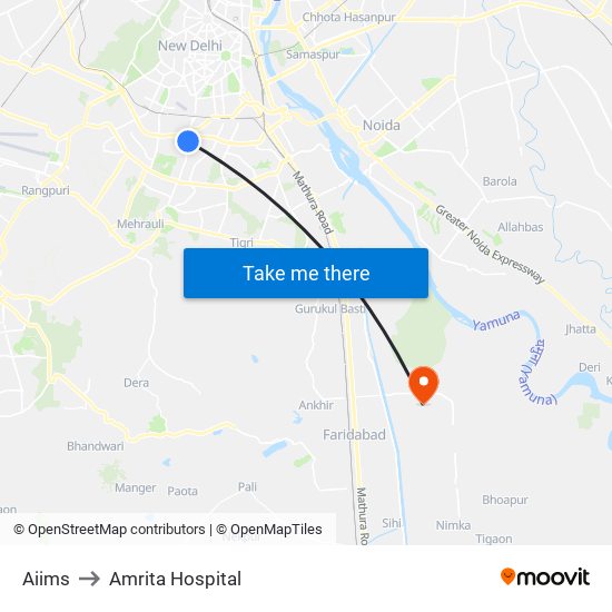 Aiims to Amrita Hospital map