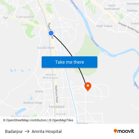 Badarpur to Amrita Hospital map