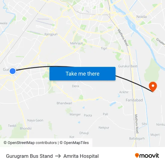 Gurugram Bus Stand to Amrita Hospital map