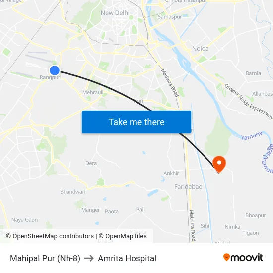 Mahipal Pur (Nh-8) to Amrita Hospital map