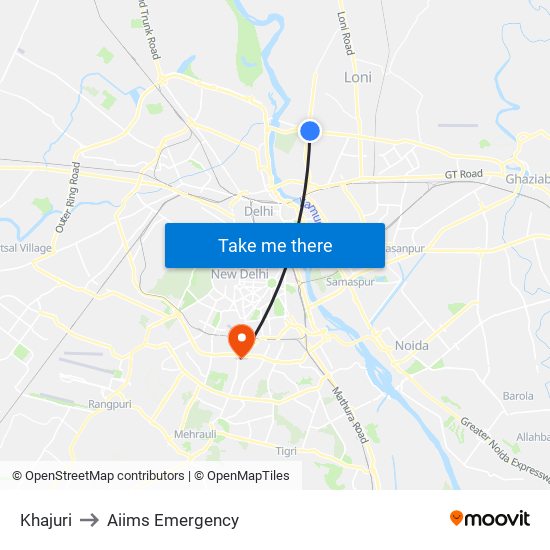 Khajuri to Aiims Emergency map