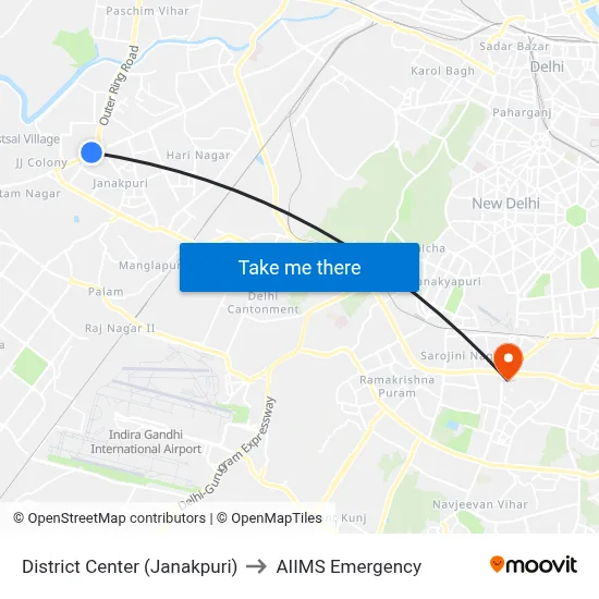 District Center (Janakpuri) to AIIMS Emergency map