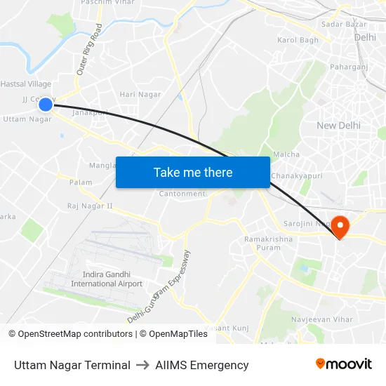 उत्तम नगर टर्मिनल to एम्स इमरजेंसी map