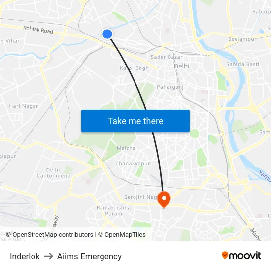 Inderlok to Aiims Emergency map