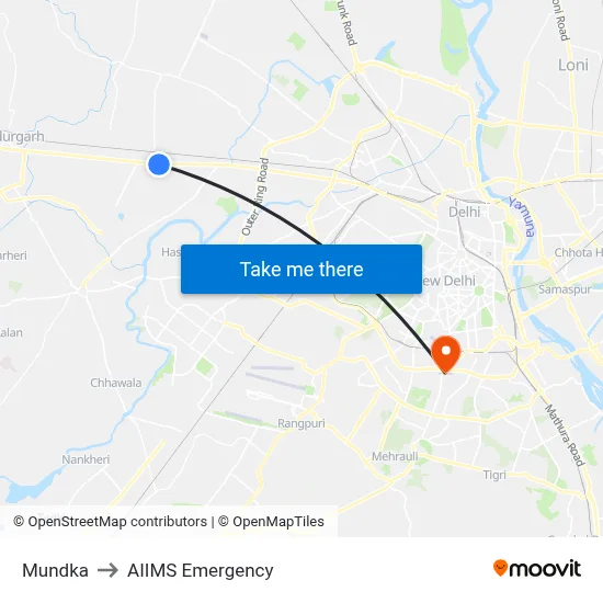 Mundka to AIIMS Emergency map