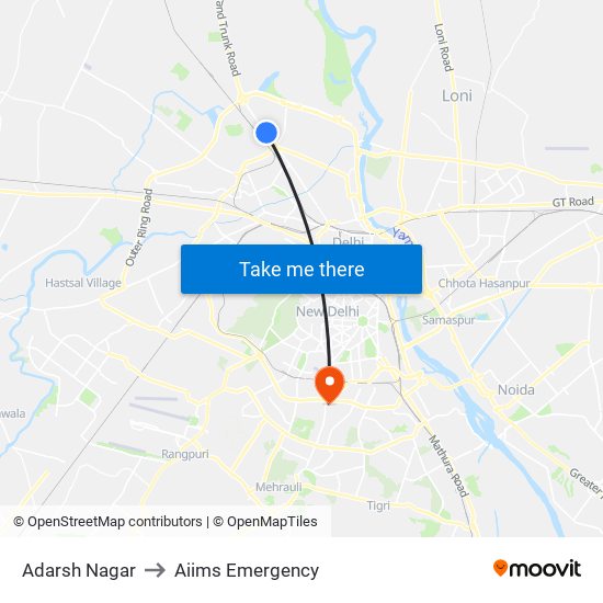 Adarsh Nagar to Aiims Emergency map