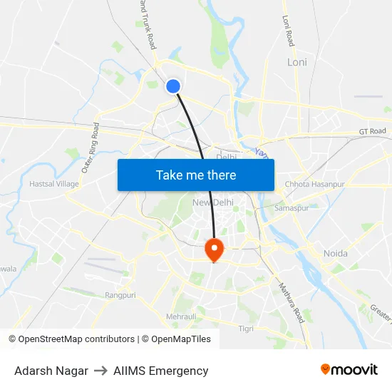 Adarsh Nagar to AIIMS Emergency map