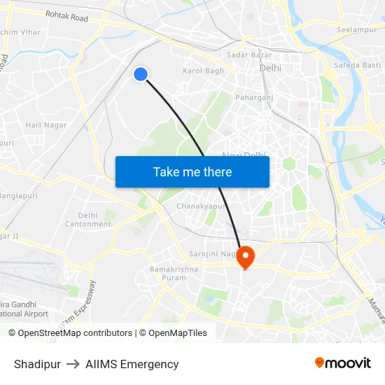 Shadipur to AIIMS Emergency map