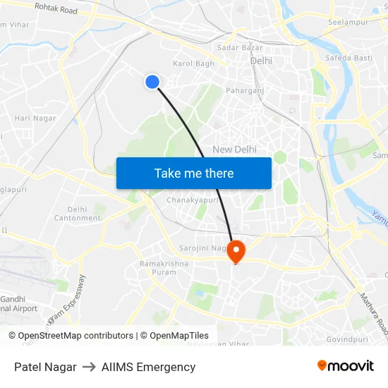 Patel Nagar to AIIMS Emergency map