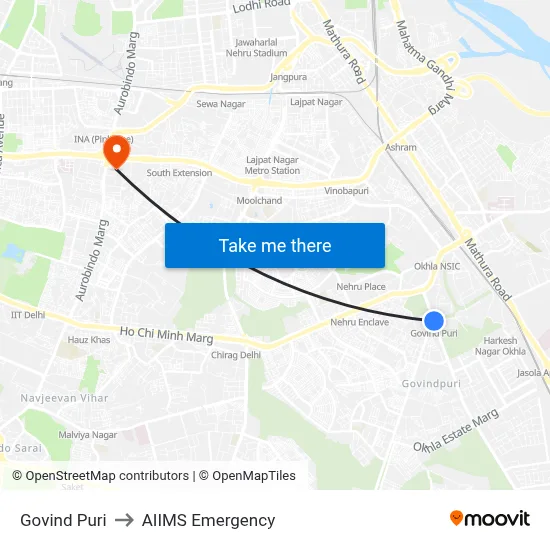 Govind Puri to AIIMS Emergency map