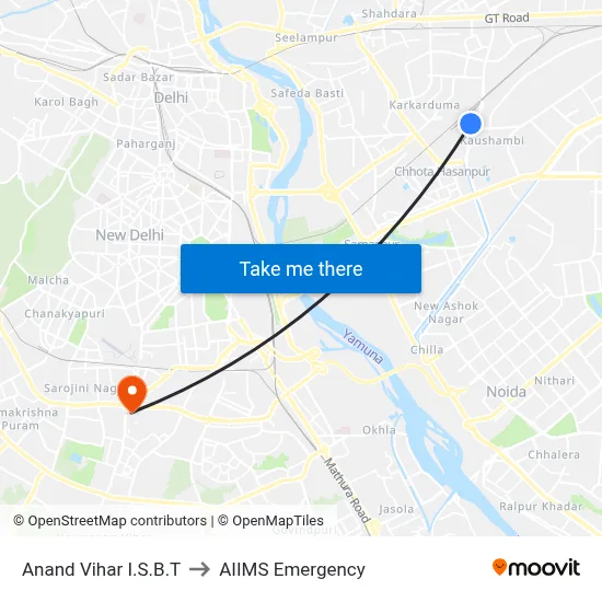 Anand Vihar I.S.B.T to AIIMS Emergency map