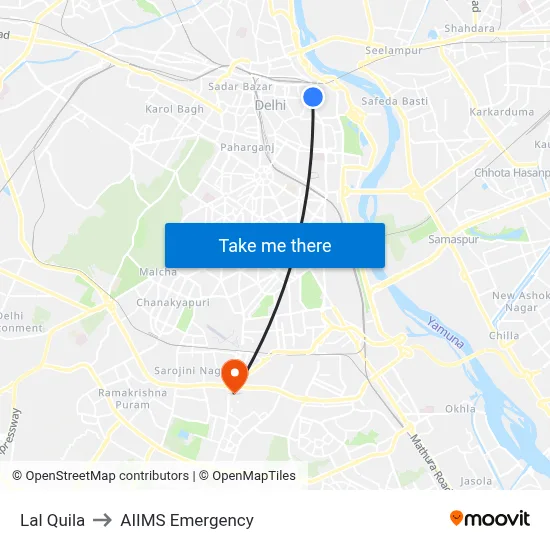 Lal Quila to AIIMS Emergency map