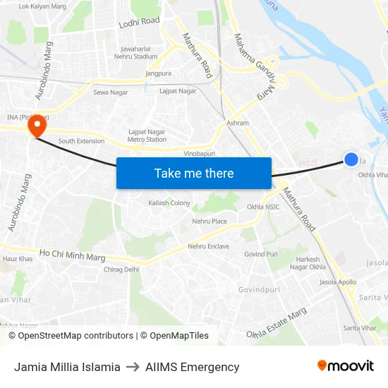Jamia Millia Islamia to AIIMS Emergency map
