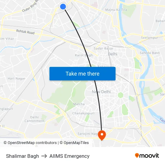 Shalimar Bagh to AIIMS Emergency map