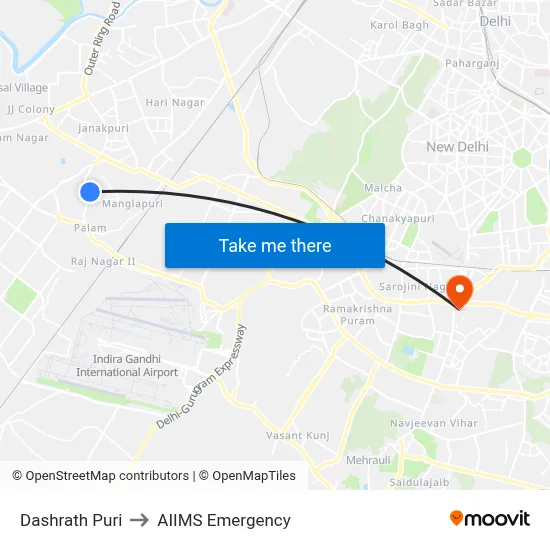 Dashrath Puri to AIIMS Emergency map