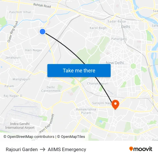 Rajouri Garden to AIIMS Emergency map