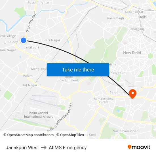 Janakpuri West to AIIMS Emergency map