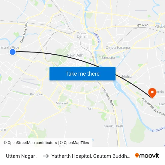 Uttam Nagar East to Yatharth Hospital, Gautam Buddha Nagar map