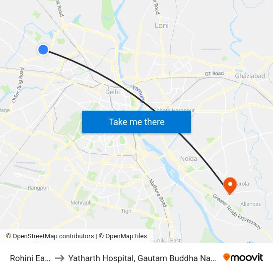 Rohini East to Yatharth Hospital, Gautam Buddha Nagar map