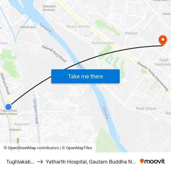Tughlakabad to Yatharth Hospital, Gautam Buddha Nagar map