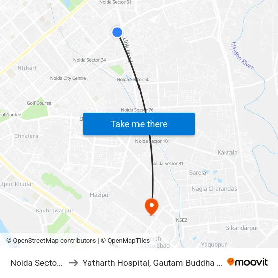 Noida Sector 52 to Yatharth Hospital, Gautam Buddha Nagar map