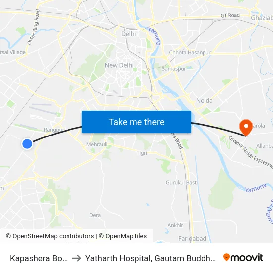 Kapashera Border to Yatharth Hospital, Gautam Buddha Nagar map