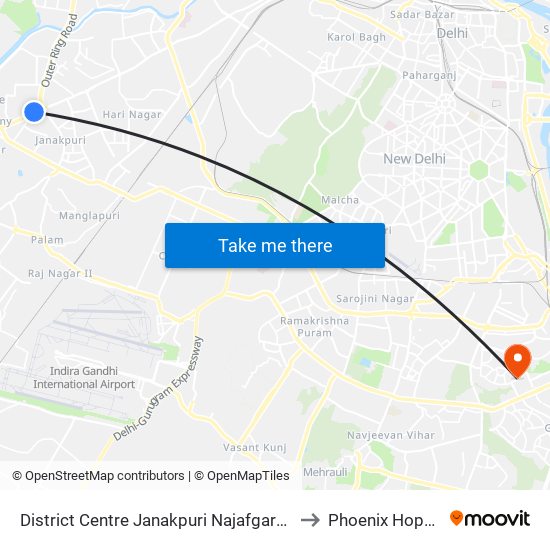 District Centre Janakpuri Najafgarh Road to Phoenix Hopsital map