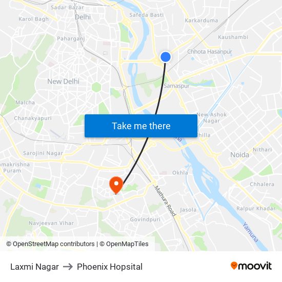 Laxmi Nagar to Phoenix Hopsital map