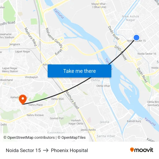Noida Sector 15 to Phoenix Hopsital map